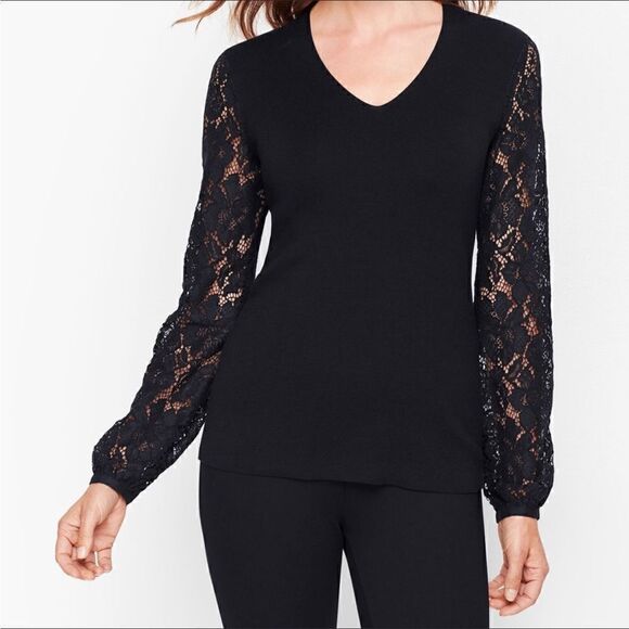 Talbots v neck sweater with lace sleeves.  Size L - Picture 1 of 8